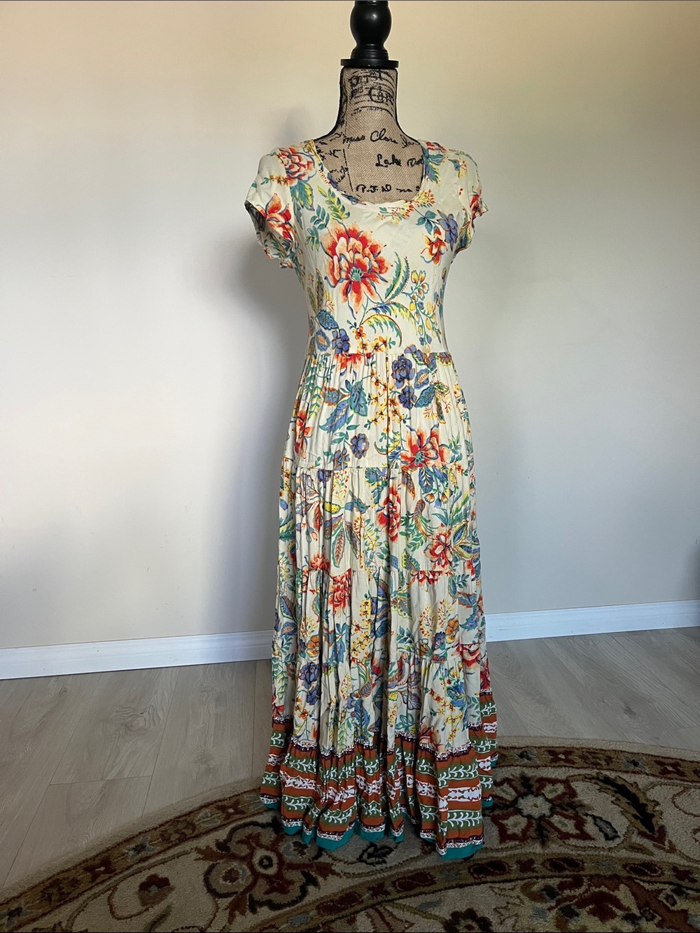Soft Surroundings Sz S Floral Tiered Maxi Dress in Cream and Multicolor